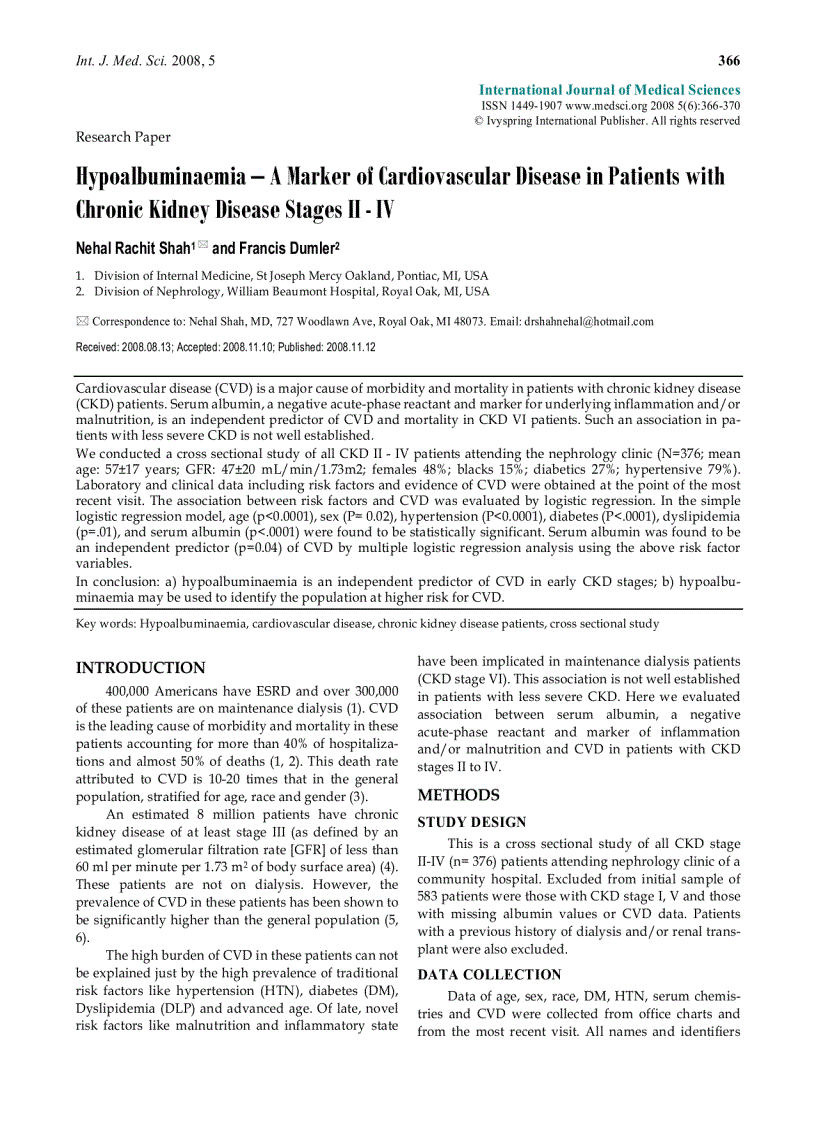 image for page Báo cáo y học Hypoalbuminaemia A Marker of Cardiovascular Disease in Patients with Chronic Kidney Disease Stages II IV