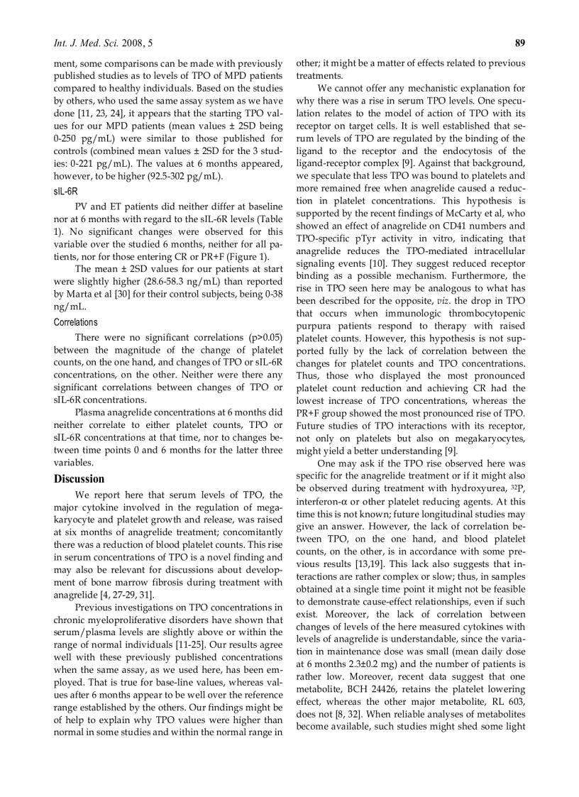 image for page Báo cáo y học TPO but not soluble IL 6 receptor levels increase after anagrelide treatment of thrombocythemia in chronic myeloproliferative disorders