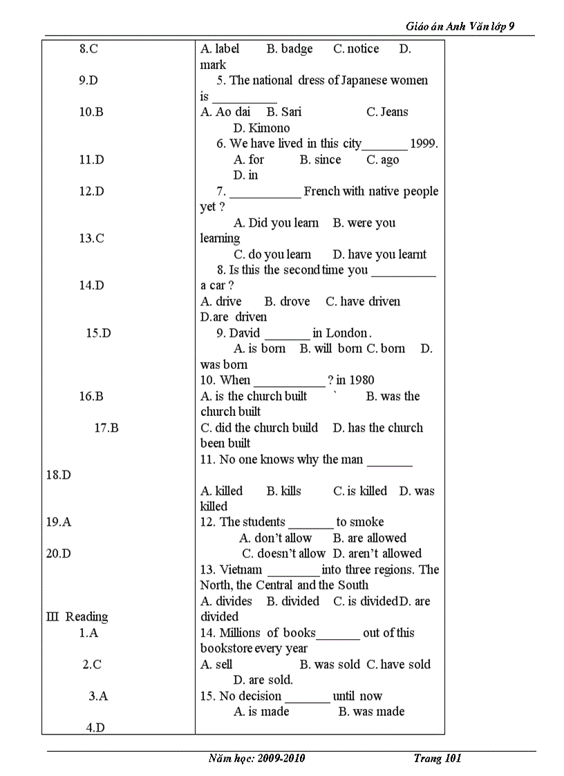 image for page Giáo Án Tiếng Anh Lớp 9 Trọn Bộ