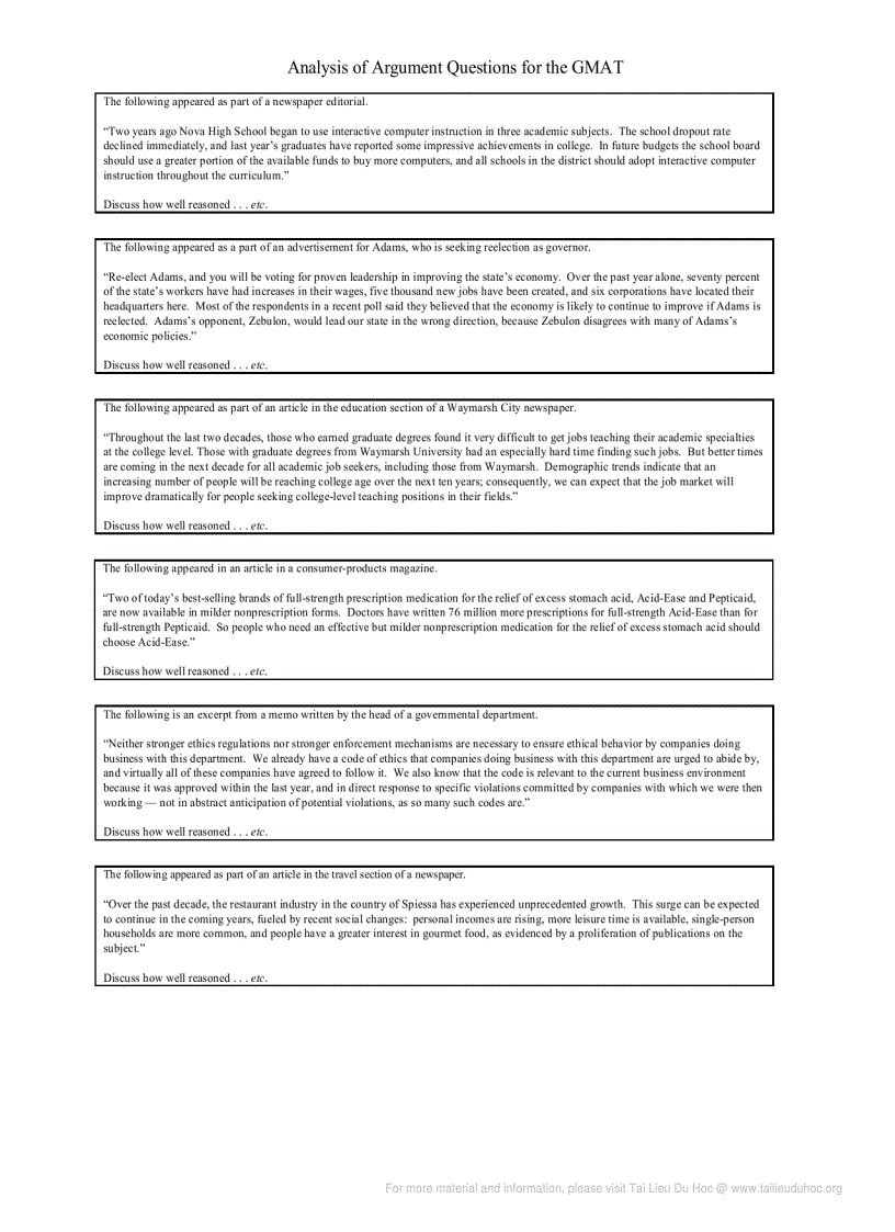image for page Analysis of Argument Questions for the GMAT
