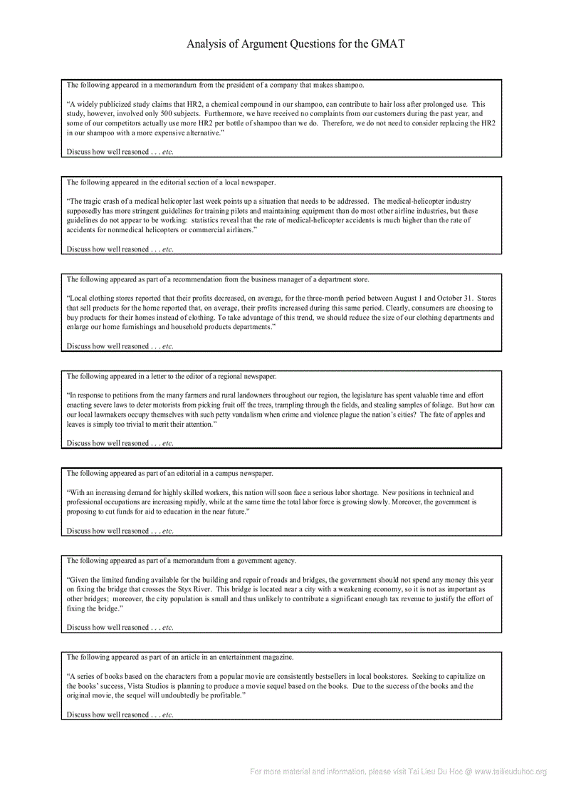 image for page Analysis of Argument Questions for the GMAT