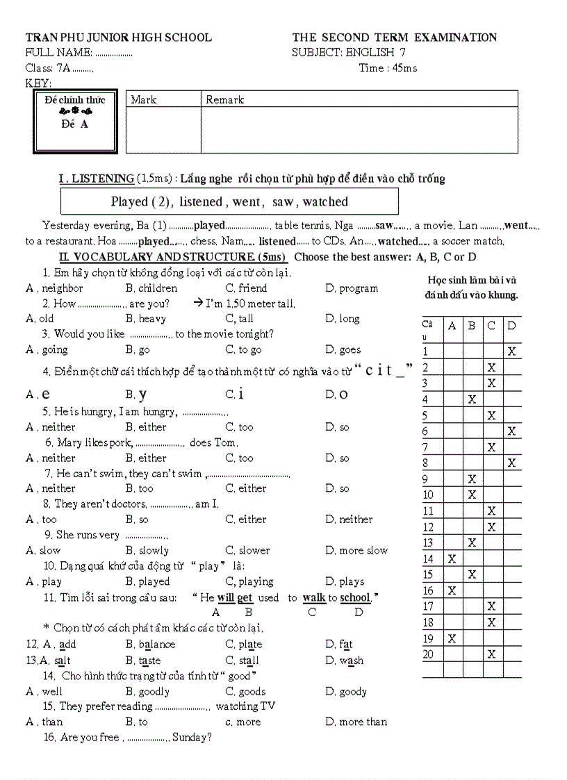 image for page Đề Thi Mẫu Tiếng Anh Lớp 7