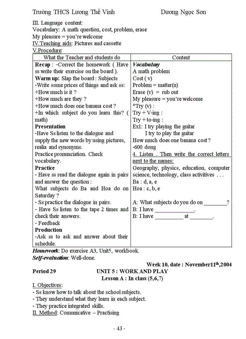 image for page Giáo Án Anh Văn 7 Học Kỳ 1