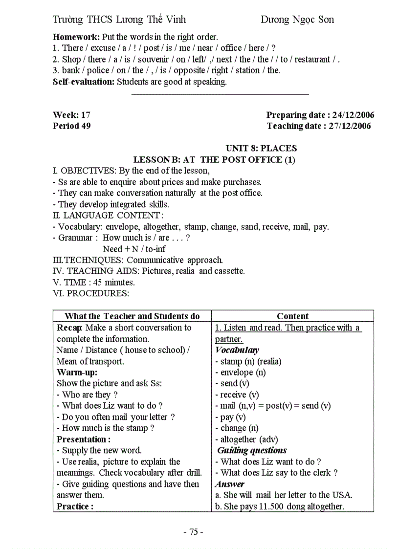 image for page Giáo Án Anh Văn 7 Học Kỳ 1