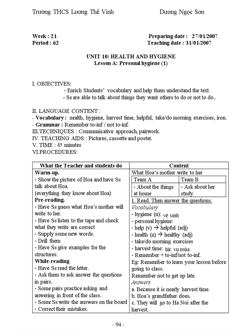 image for page Giáo Án Anh Văn 7 Học Kỳ 1