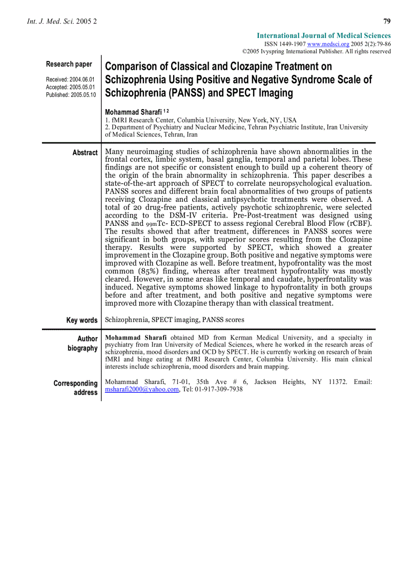 image for page Báo cáo y học Comparison of Classical and Clozapine Treatment on Schizophrenia Using Positive and Negative Syndrome Scale of Schizophrenia PANSS and SPECT Imaging