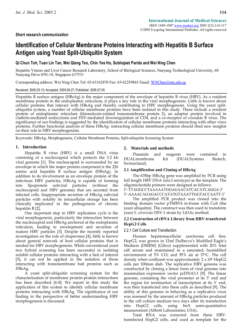 image for page Báo cáo y học Identification of Cellular Membrane Proteins Interacting with Hepatitis B Surface Antigen using Yeast Split Ubiquitin System