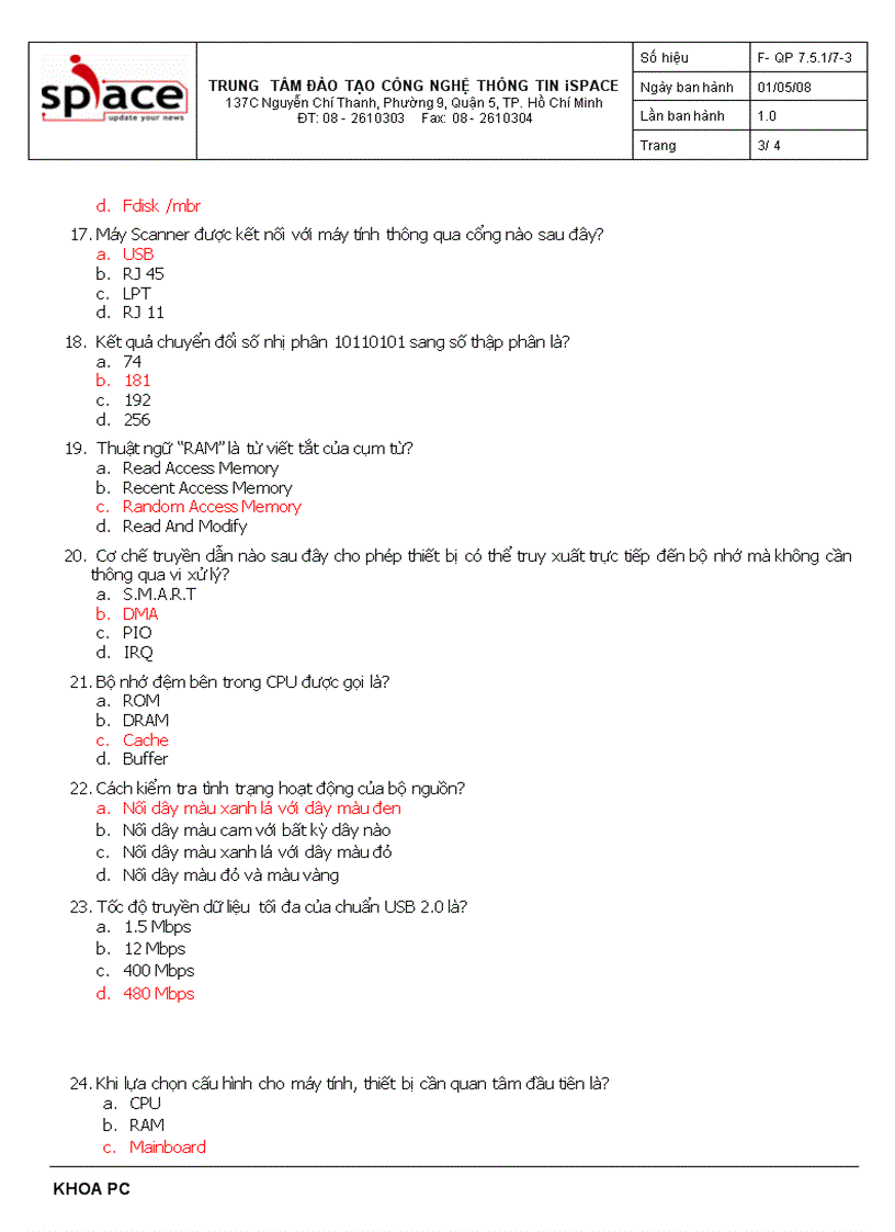 image for page ĐỀ THI TRẮC NGHIỆM Môn PHẦN CỨNG MÁY TÍNH