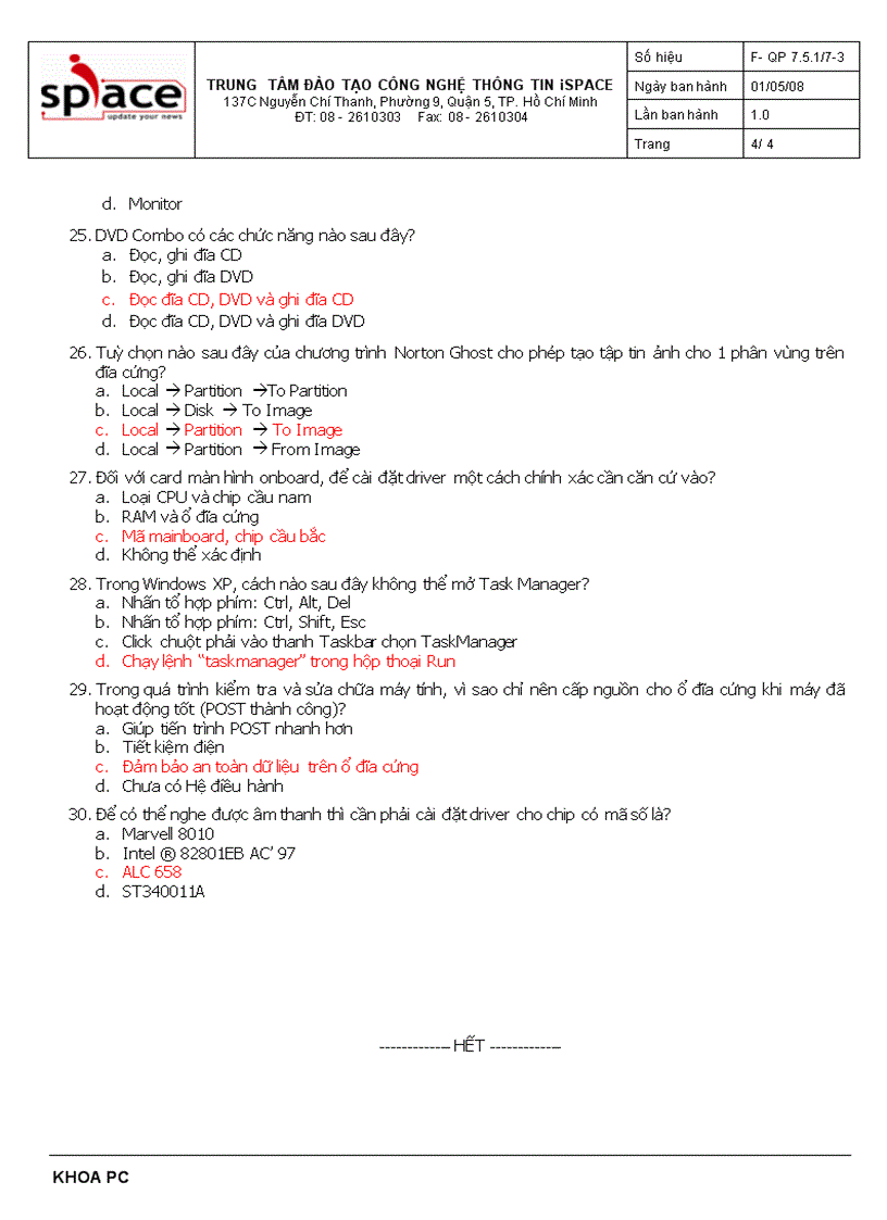 image for page ĐỀ THI TRẮC NGHIỆM Môn PHẦN CỨNG MÁY TÍNH