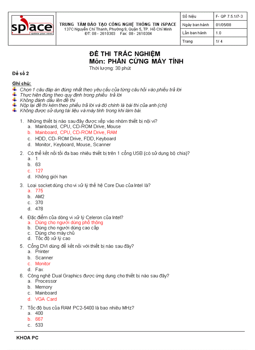 image for page ĐỀ THI TRẮC NGHIỆM Môn PHẦN CỨNG MÁY TÍNH Đề số 2