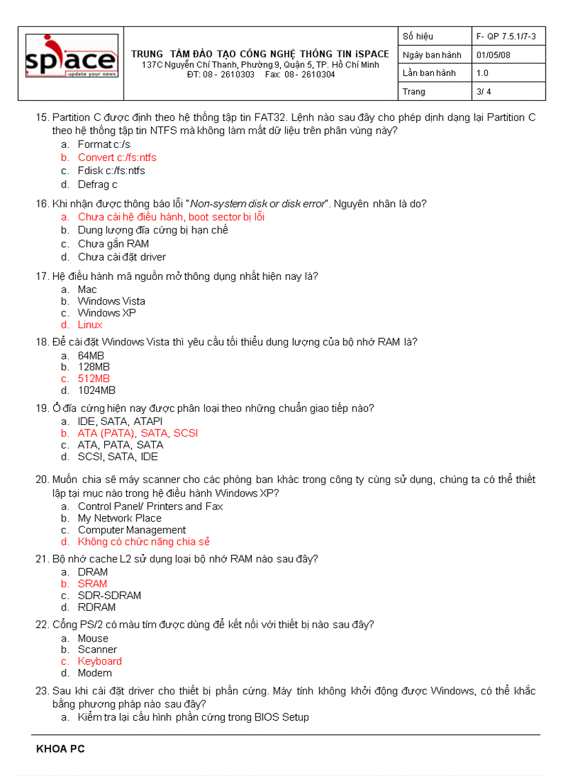 image for page ĐỀ THI TRẮC NGHIỆM Môn PHẦN CỨNG MÁY TÍNH Đề số 2