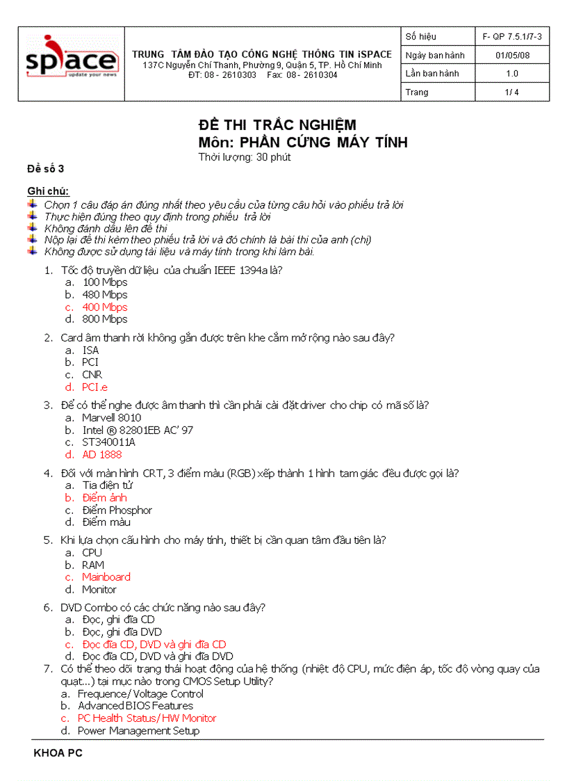 image for page ĐỀ THI TRẮC NGHIỆM Môn PHẦN CỨNG MÁY TÍNH Đề số 3