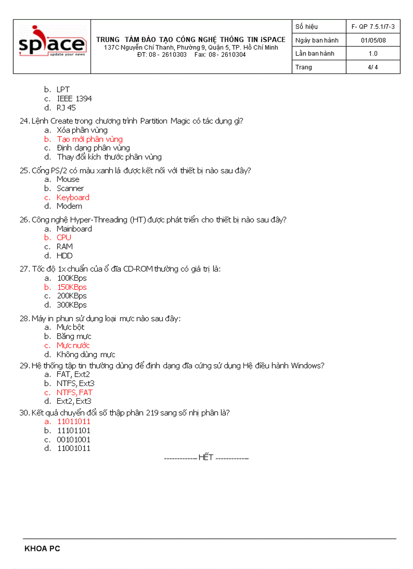 image for page ĐỀ THI TRẮC NGHIỆM Môn PHẦN CỨNG MÁY TÍNH Đề số 3