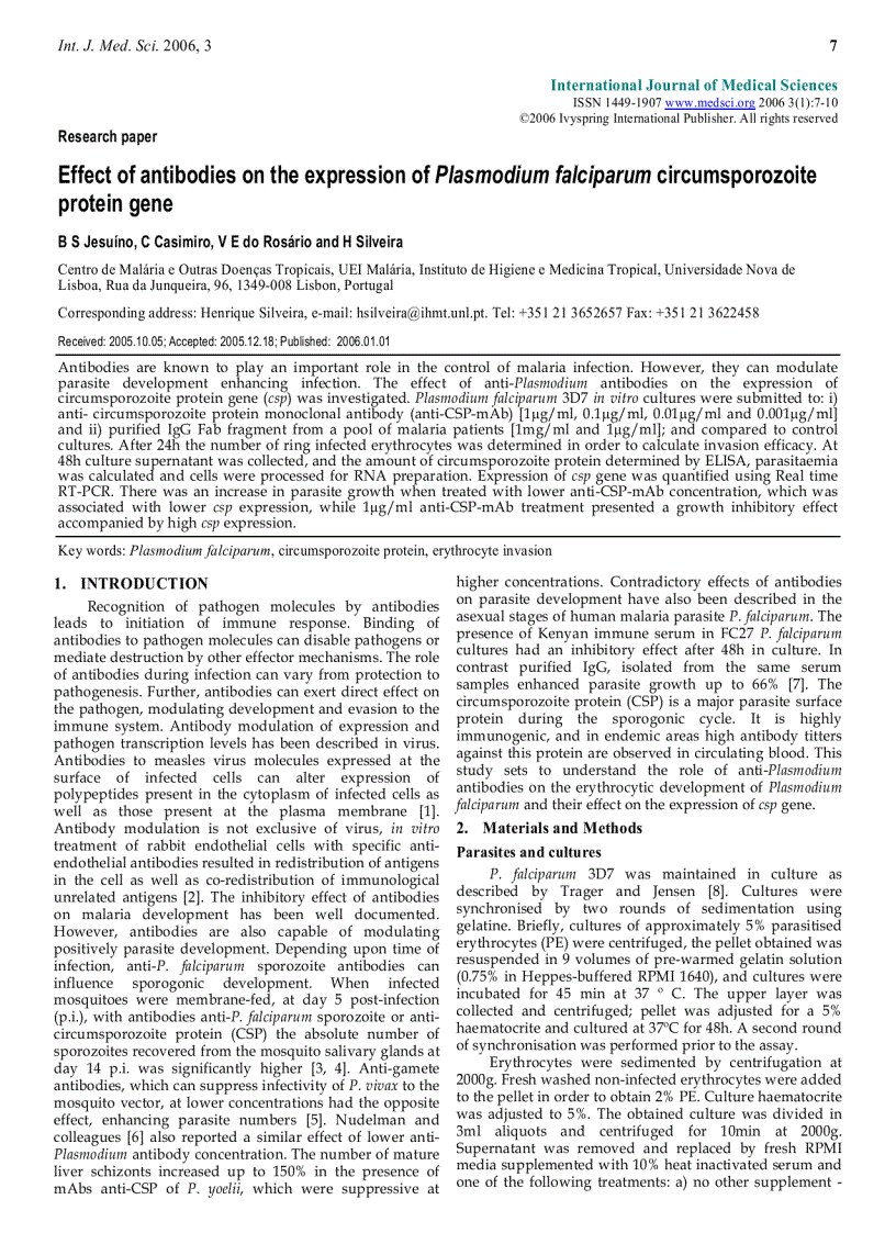 image for page Báo cáo y học Effect of antibodies on the expression of Plasmodium falciparum circumsporozoite protein gene