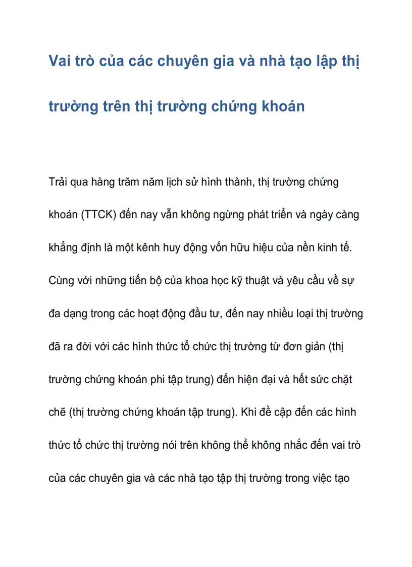 image for page Vai trò của các chuyên gia và nhà tạo lập thị trường