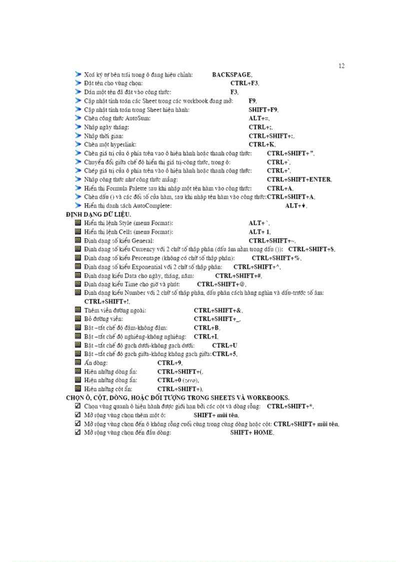 image for page Phím tắt trong EXCEL