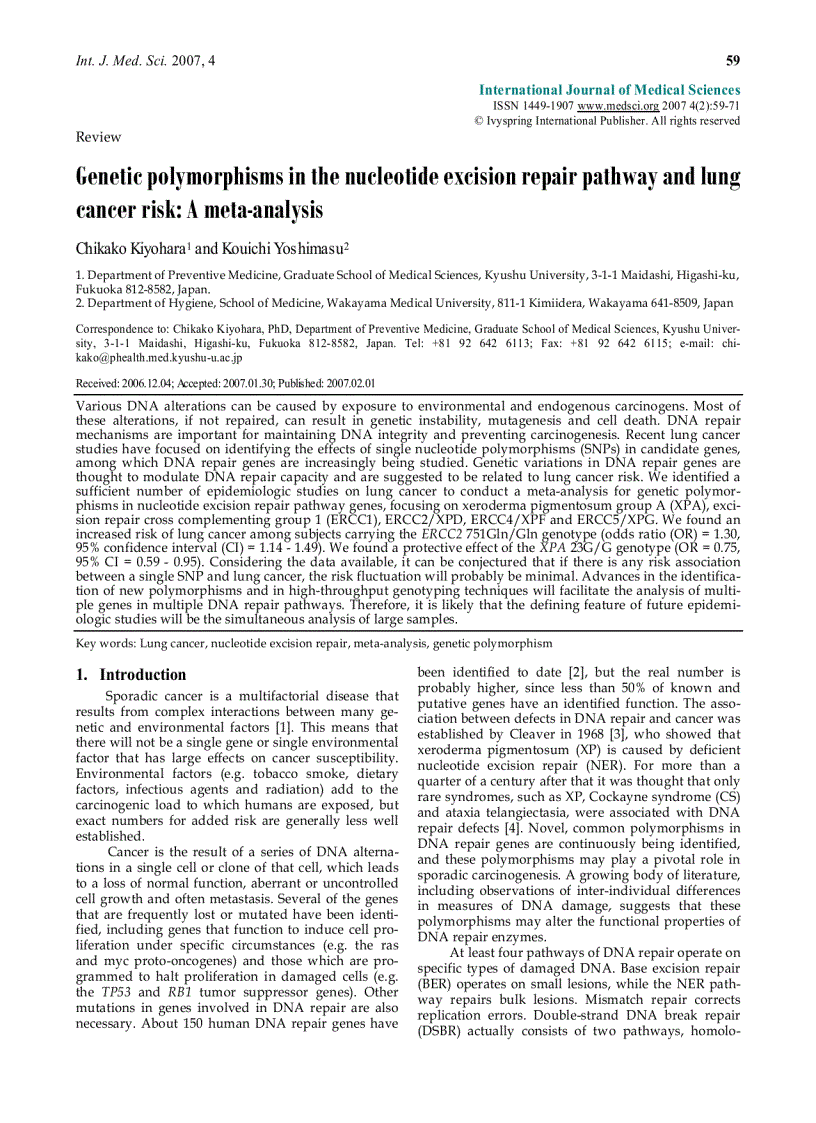 image for page Báo cáo y học Genetic polymorphisms in the nucleotide excision repair pathway and lung cancer risk A meta analysis