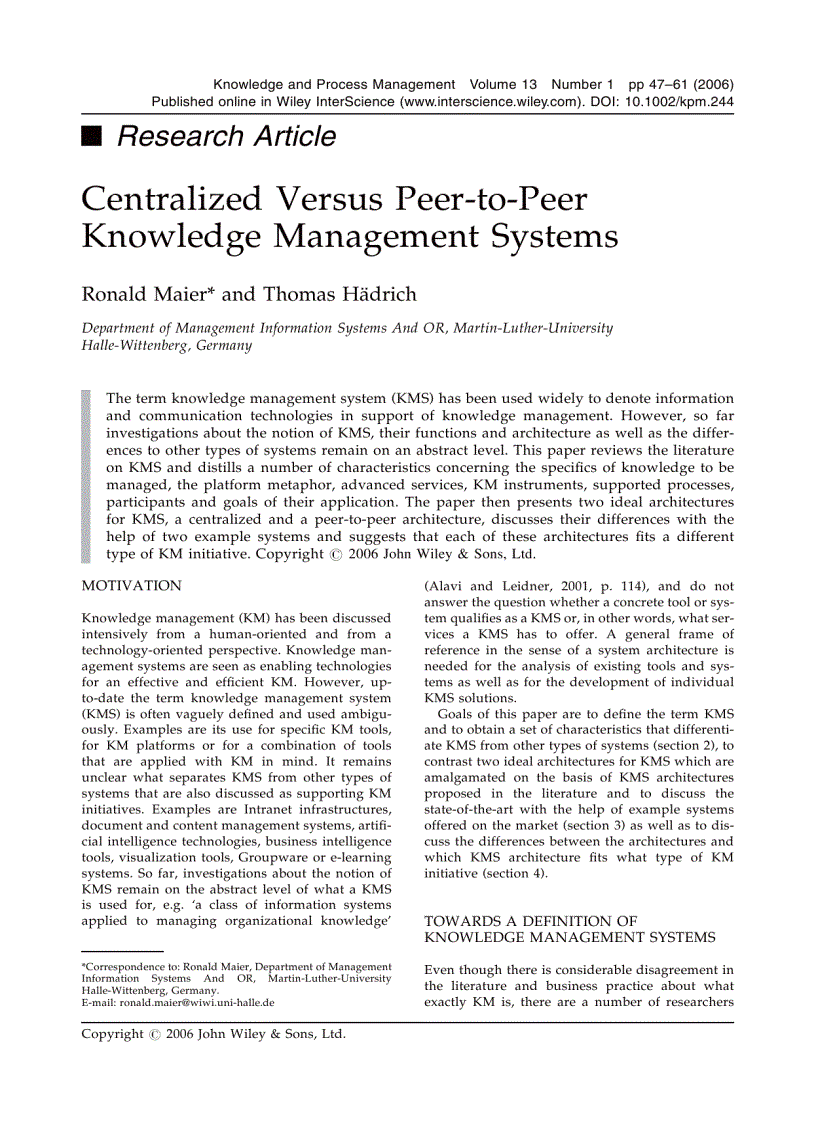 image for page Centralized Versus Peer to Peer Knowledge Management Systems