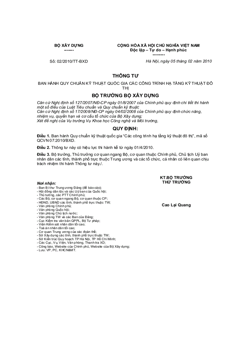 image for page Thông tư 02 2010 TT BXD ban hành Quy chuẩn kỹ thuật quốc gia các công trình hạ tầng kỹ thuật đô thị do Bộ trưởng Bộ Xây dựng ban hành