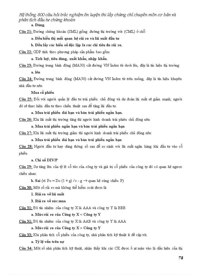 image for page Hệ thống 800 câu hỏi trắc nghiệm ôn luyện thi lấy chứng chỉ chuyên môn cơ bản và phân tích đầu tư chứng khoán