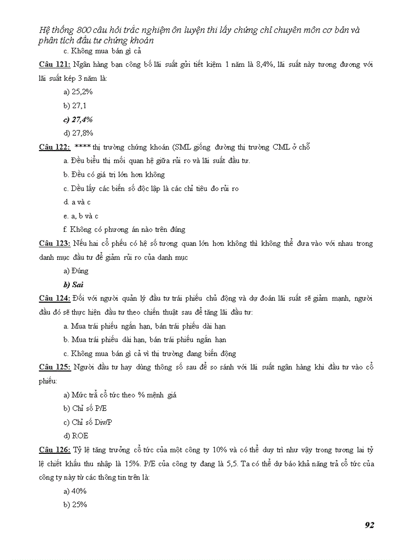 image for page Hệ thống 800 câu hỏi trắc nghiệm ôn luyện thi lấy chứng chỉ chuyên môn cơ bản và phân tích đầu tư chứng khoán