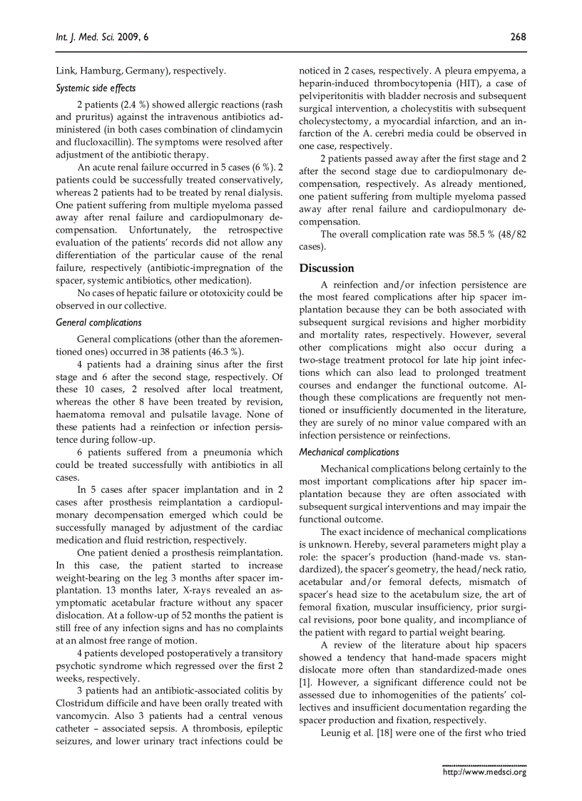 Báo cáo y học Complications after spacer implantation in the treatment of hip joint infections