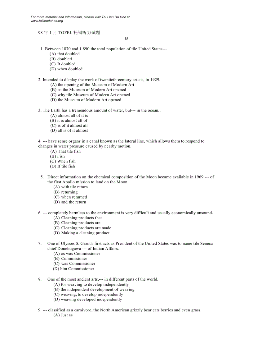 image for page Đề thi Toefl tháng 1 1998