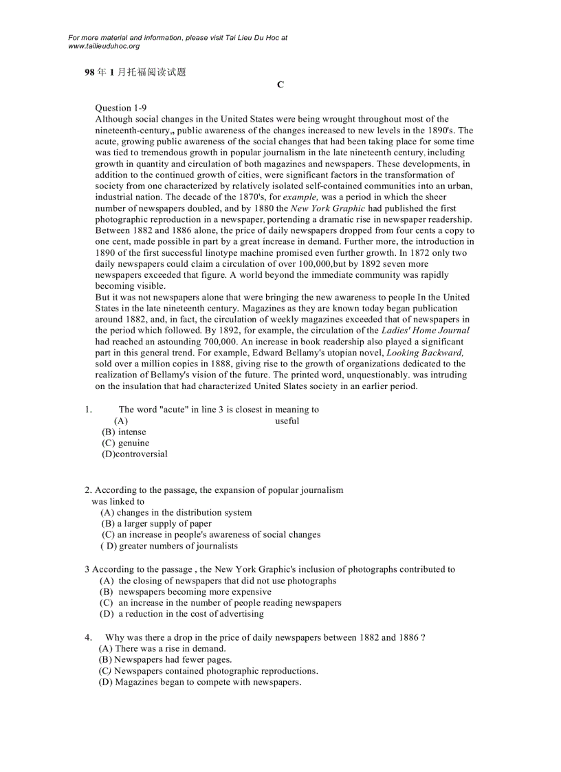 image for page Đề thi Toefl tháng 1 1998