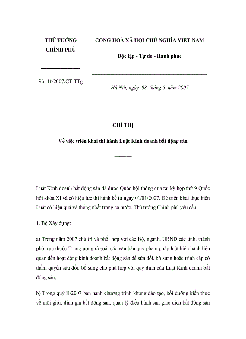 image for page Chỉ thị về việc triển khai thi hành Luật Kinh doanh bất động sản