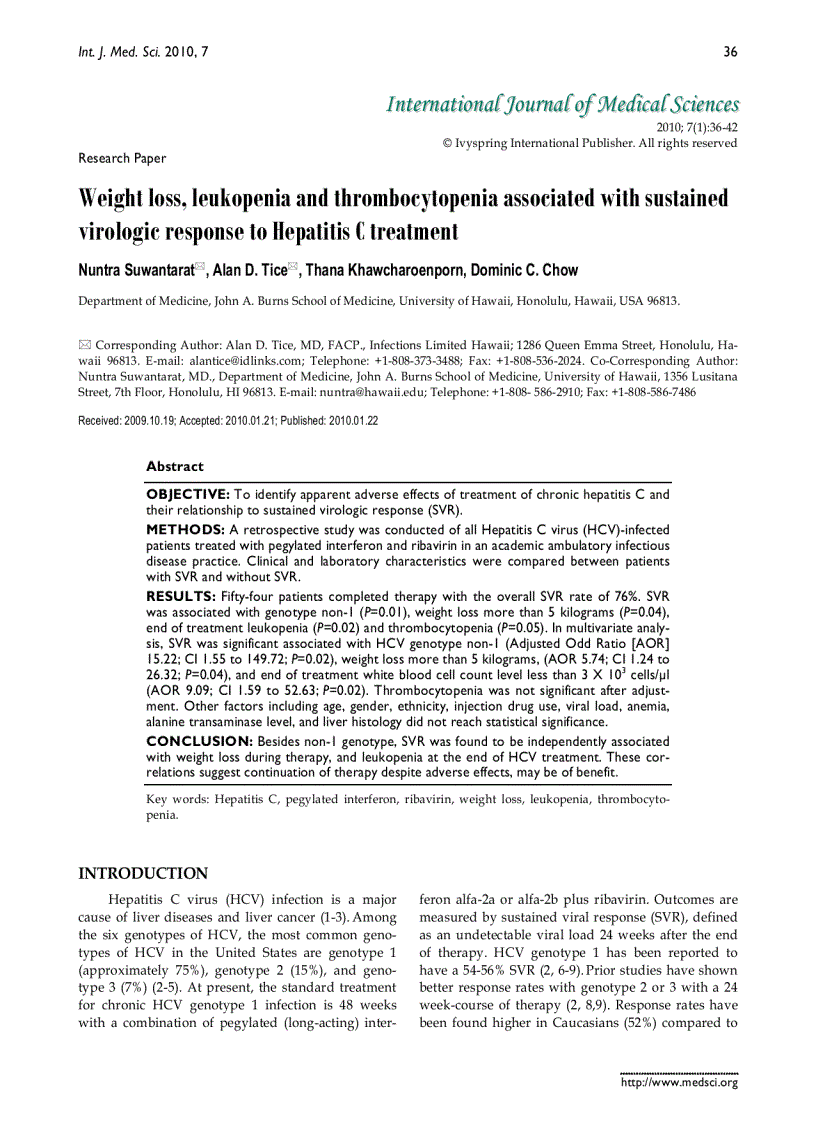 image for page Báo cáo y học Weight loss leukopenia and thrombocytopenia associated with sustained virologic response to Hepatitis C treatmen