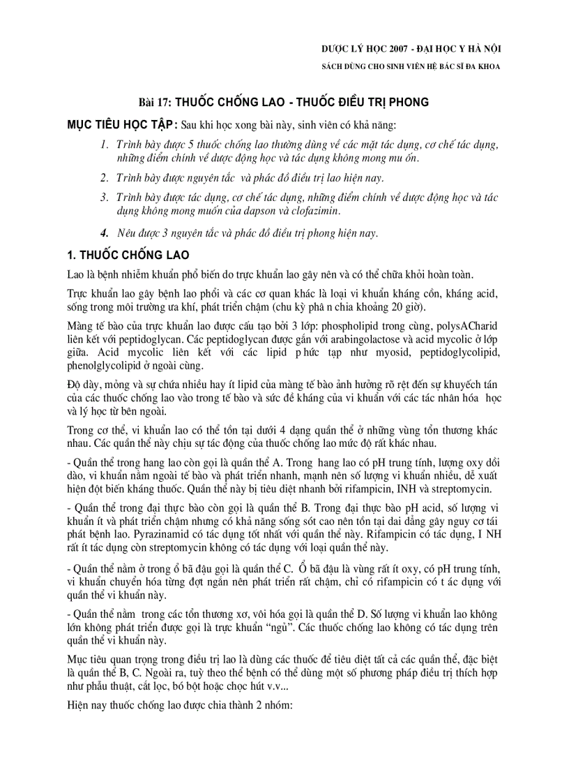 image for page Dược lý học thuốc kháng lao và thuốc điều trị phong