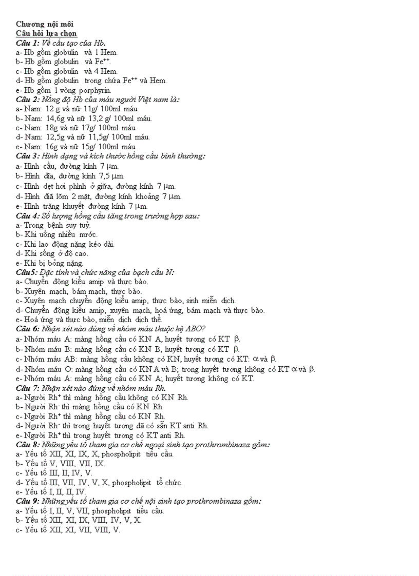 image for page Một số câu hỏi trắc nghiệm về chương Nội Môi