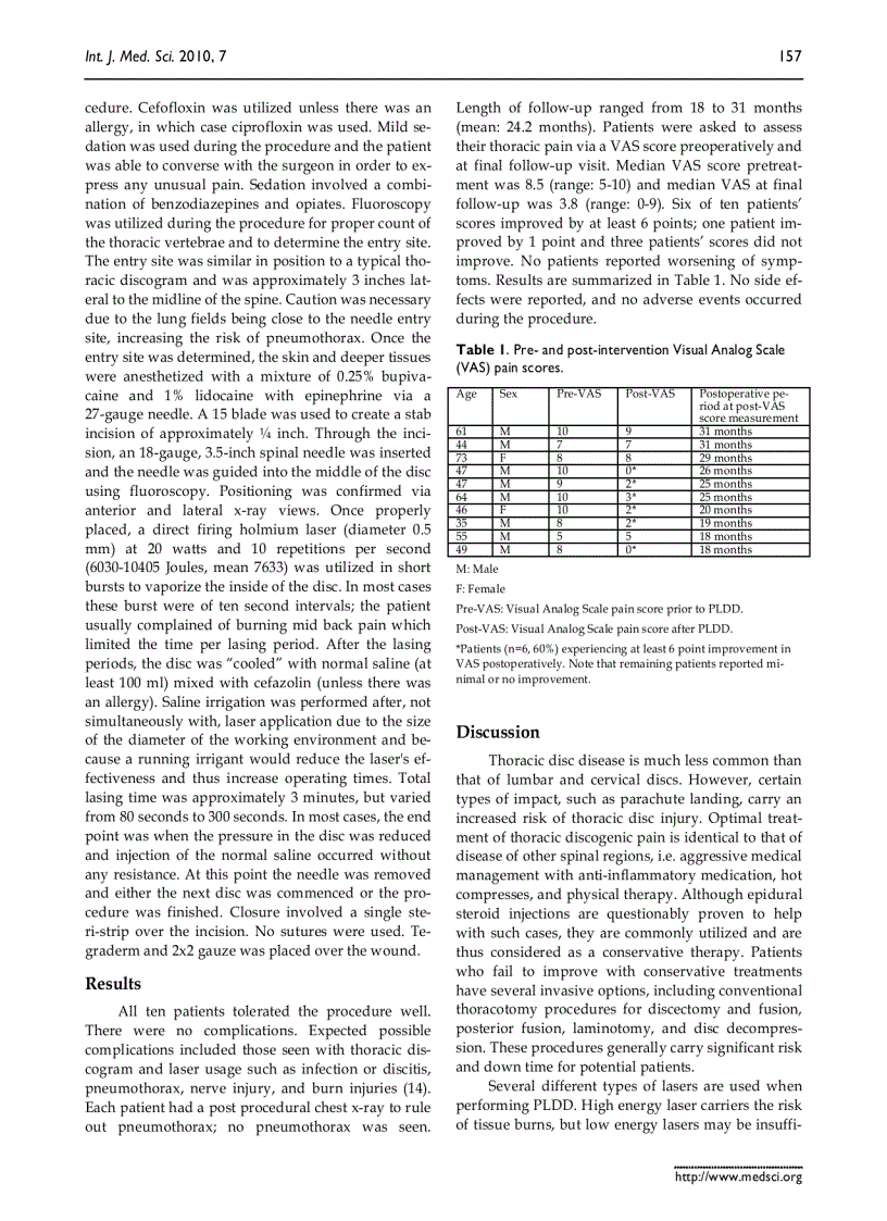 Báo cáo y học Percutaneous laser disc decompression for thoracic disc disease report of 10 cases