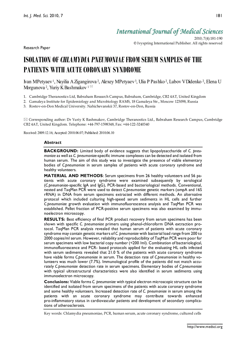 image for page Báo cáo y học ISOLATION OF CHLAMYDIA PNEUMONIAE FROM SERUM SAMPLES OF THE PATIENTS WITH ACUTE CORONARY SYNDROME