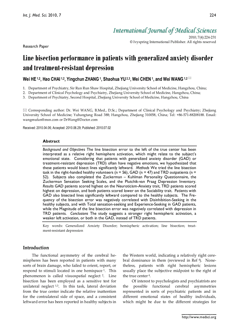 image for page Báo cáo y học Line bisection performance in patients with generalized anxiety disorder and treatment resistant depressionLine bisection performance in patients with generalized anxiety disorder and treatment resistant depression