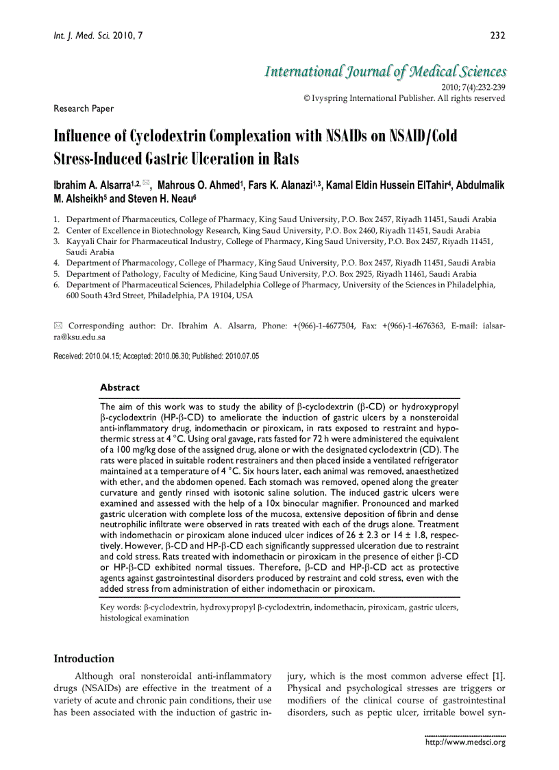 image for page Báo cáo y học Influence of Cyclodextrin Complexation with NSAIDs on NSAID Cold Stress Induced Gastric Ulceration in Rats