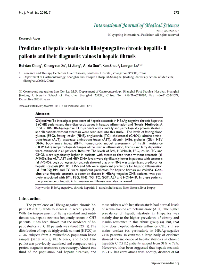image for page Báo cáo y học Predictors of hepatic steatosis in HBeAg negative chronic hepatitis B patients and their diagnostic values in hepatic fibrosis