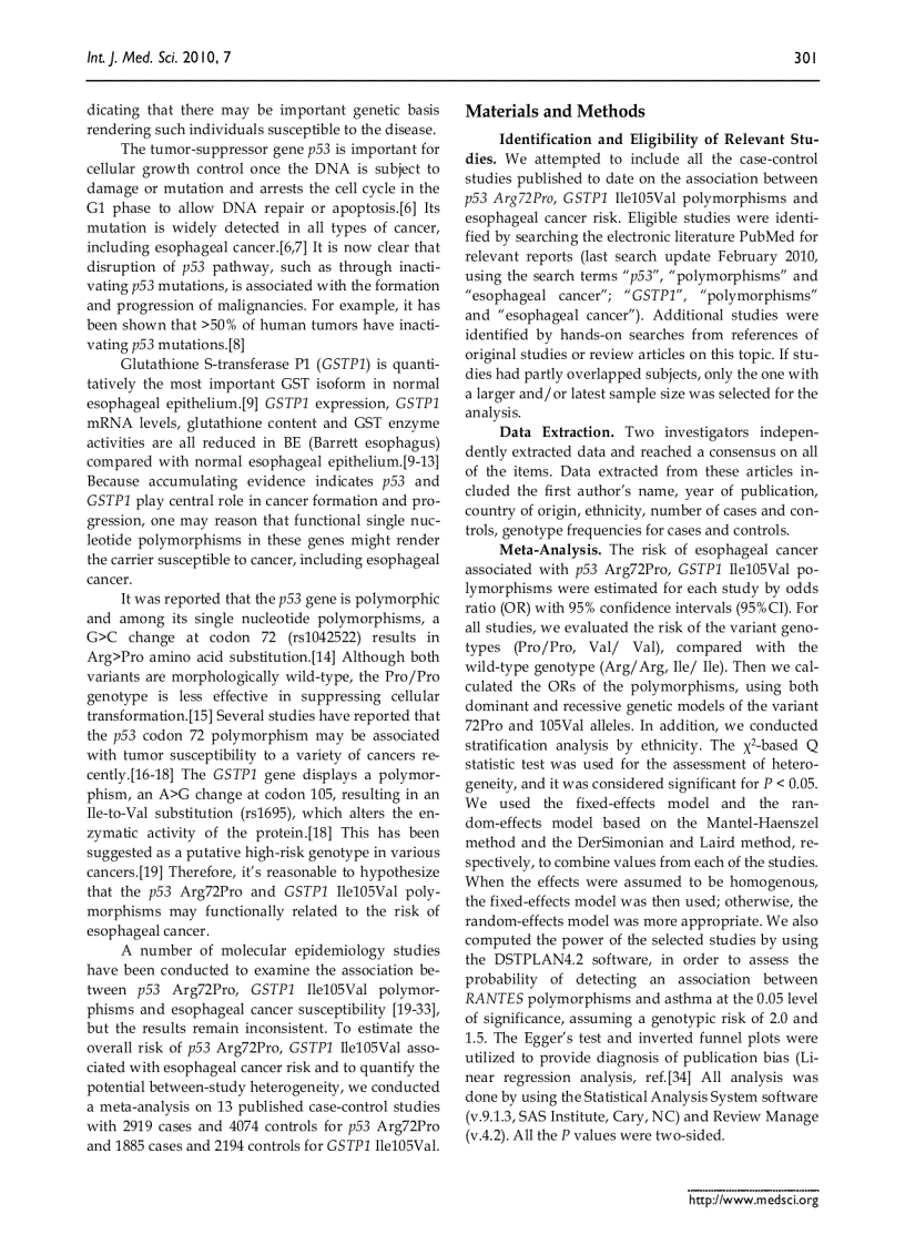 image for page Báo cáo y học Genetic polymorphism of p53 but not GSTP1 is association with susceptibility to esophageal cancer risk A Meta Analysis