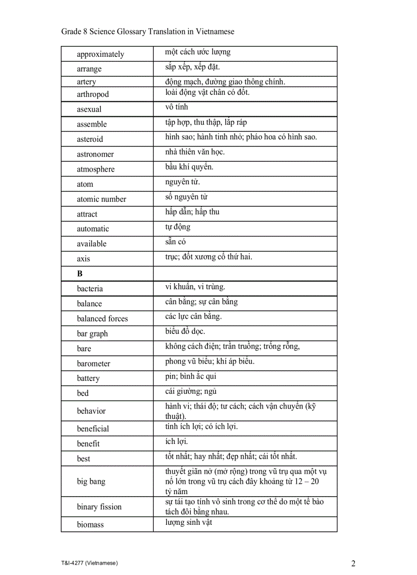 image for page Grade 8 Science Glossary Translation in Vietnamese