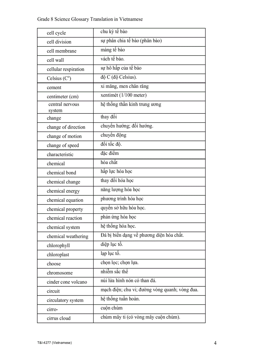 image for page Grade 8 Science Glossary Translation in Vietnamese