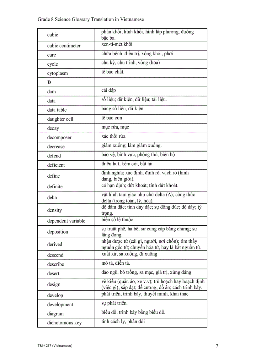 image for page Grade 8 Science Glossary Translation in Vietnamese