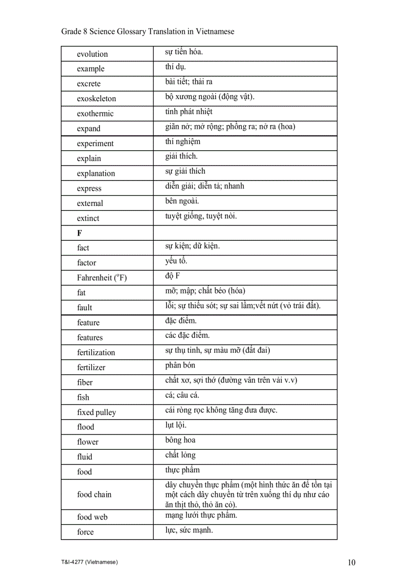 image for page Grade 8 Science Glossary Translation in Vietnamese