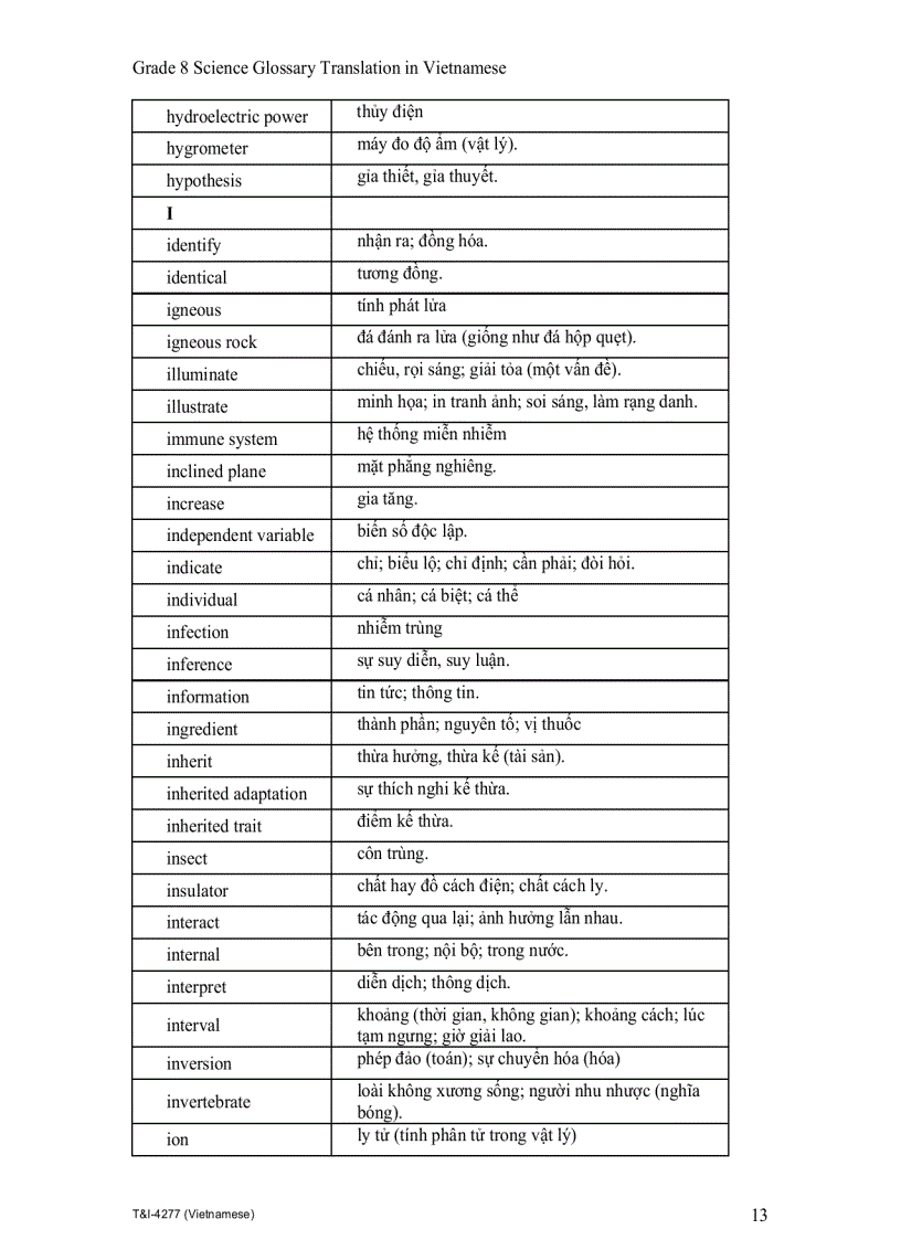 image for page Grade 8 Science Glossary Translation in Vietnamese