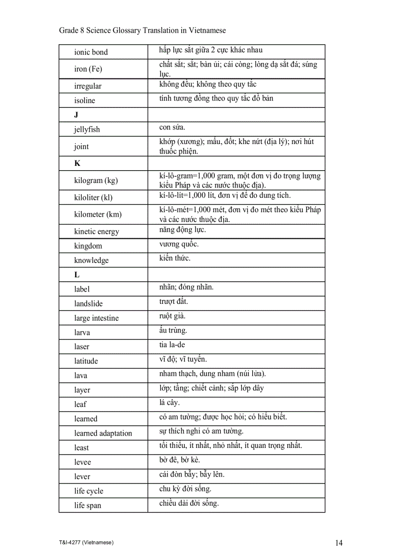 image for page Grade 8 Science Glossary Translation in Vietnamese