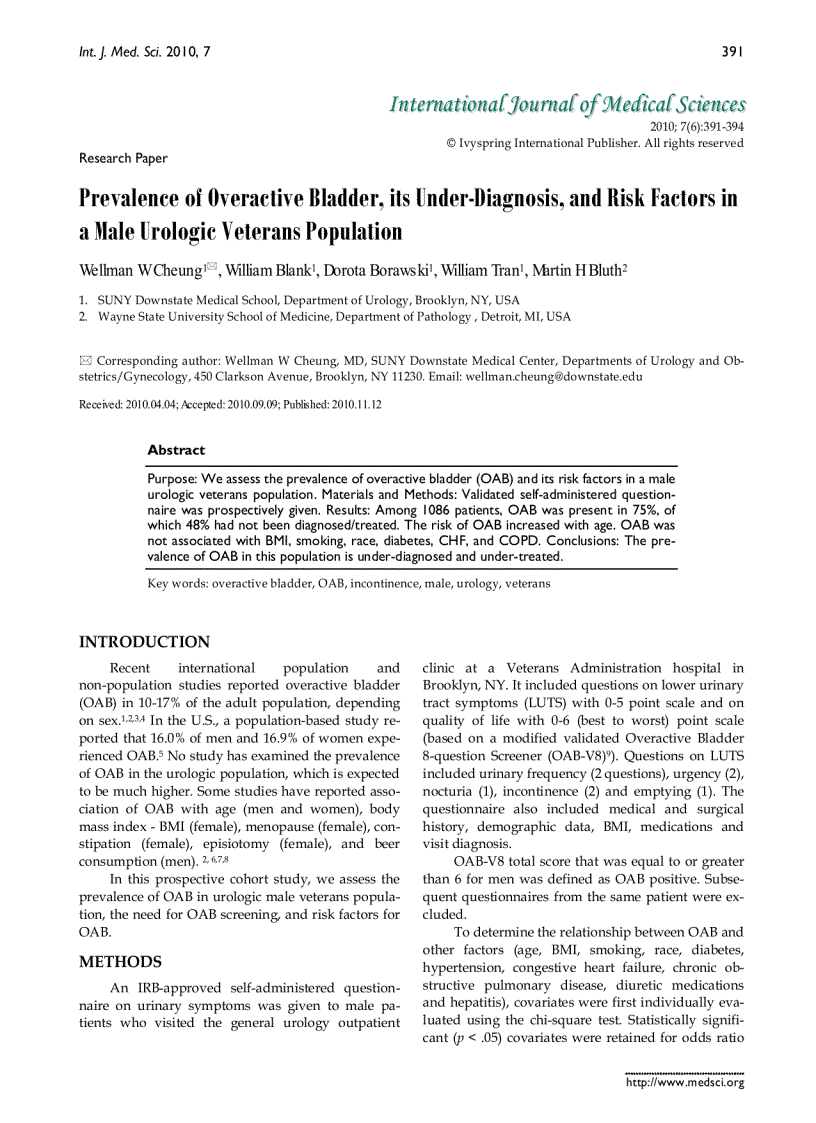 image for page Báo cáo y học Prevalence of Overactive Bladder its Under Diagnosis and Risk Factors in a Male Urologic Veterans Population