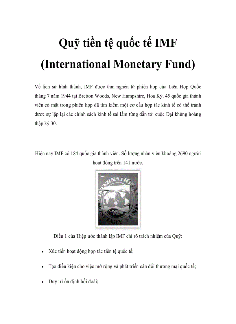 Quỹ tiền tệ quốc tế IMF International Monetary Fund