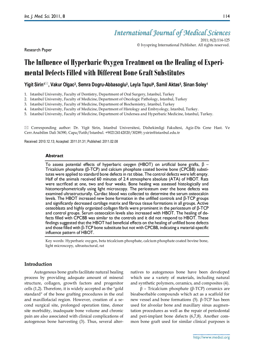 image for page Báo cáo y học The Influence of Hyperbaric Oxygen Treatment on the Healing of Experimental Defects Filled with Different Bone Graft Substitutes