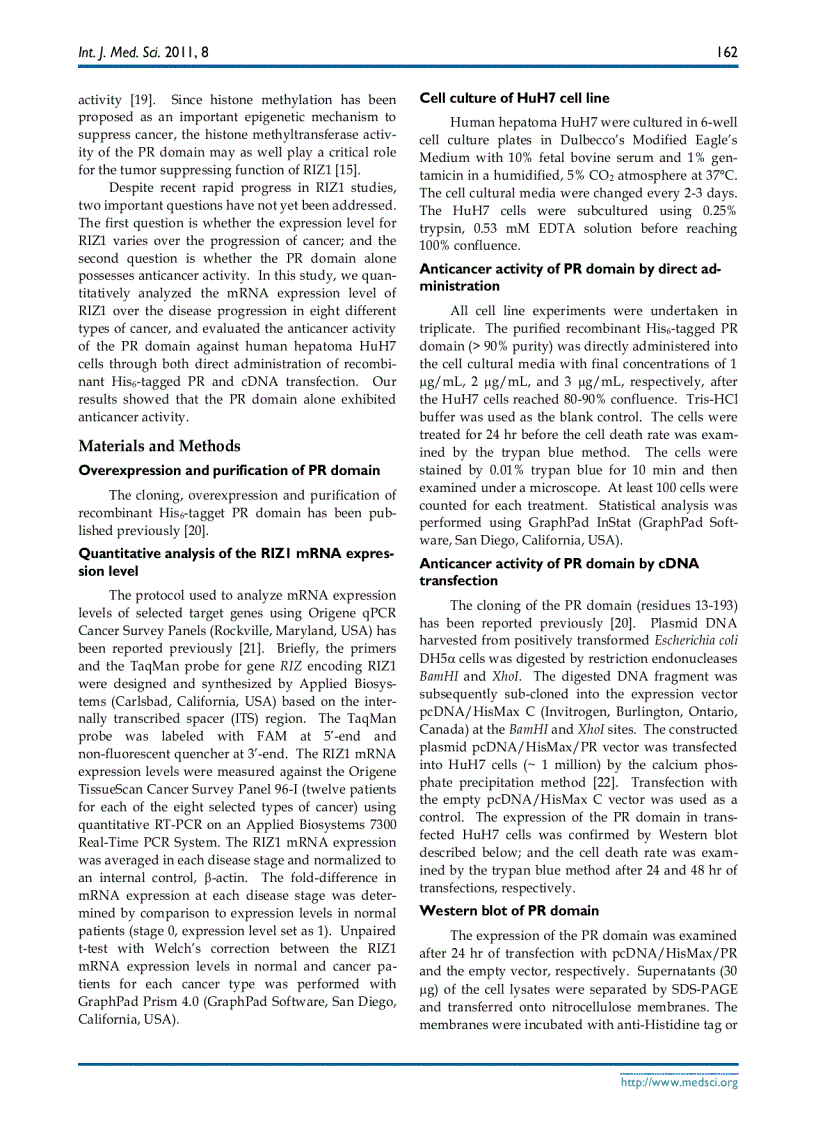 Báo cáo y học Anticancer Activity of the PR Domain of Tumor Suppressor RIZ1