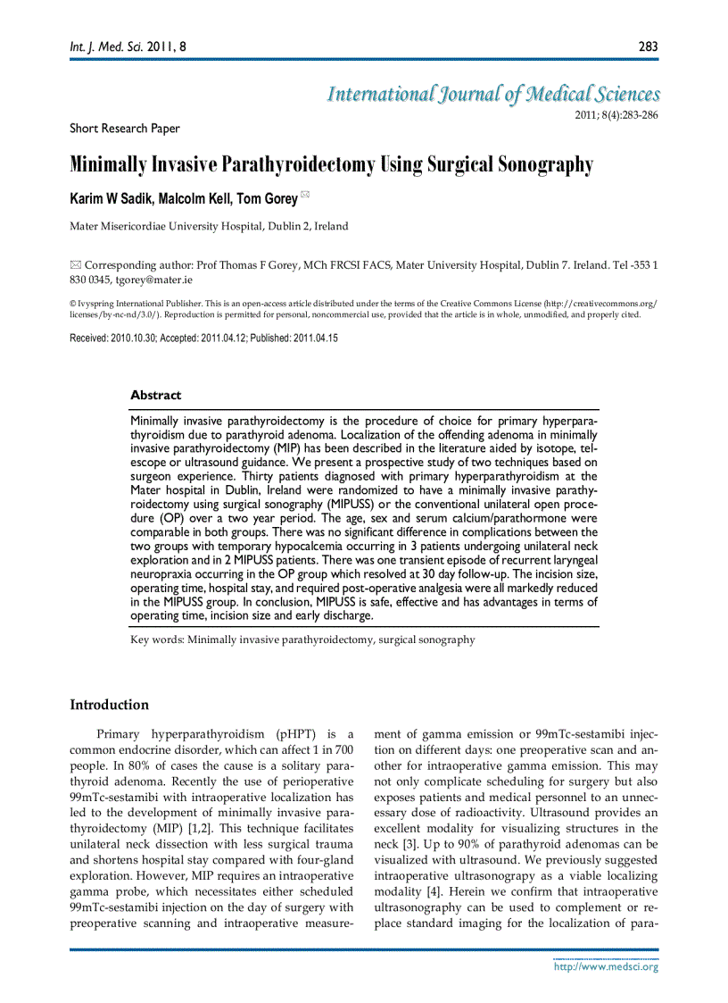 image for page Báo cáo y học Minimally Invasive Parathyroidectomy Using Surgical Sonography