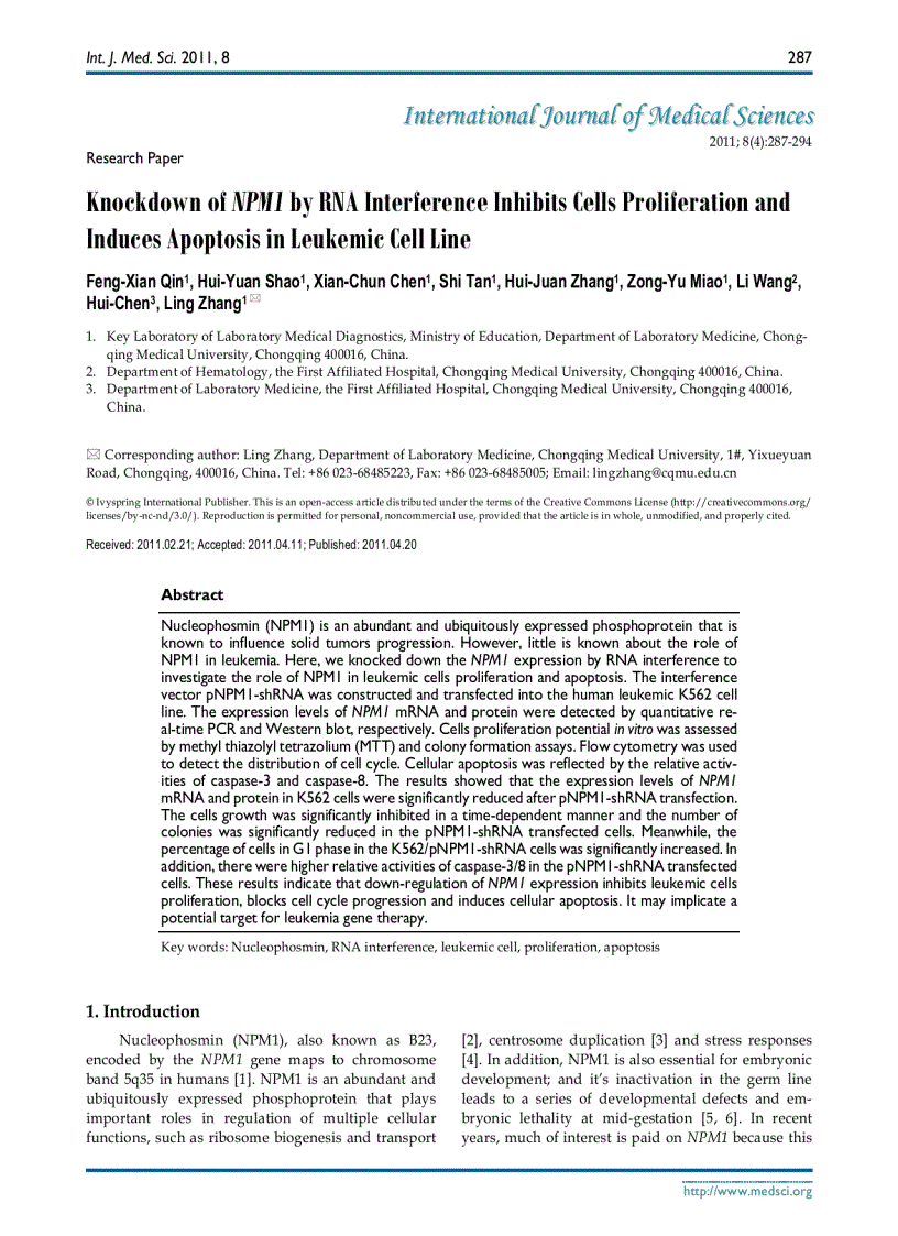 image for page Báo cáo y học Knockdown of NPM1 by RNA Interference Inhibits Cells Proliferation and Induces Apoptosis in Leukemic Cell Line